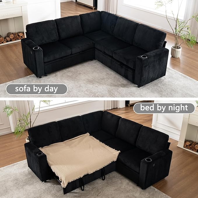 83 Modular Sectional Sleeper Sofa with Pull Out Bed Plush Corduroy L-Shaped Corner Couch with Storage USB Charger Cup Holders 5-Seater Sectional Couches for Living Room Apartment Black
