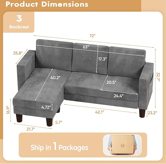 VICTONE Convertible Sectional Sofa Couch 3 Seat L-Shaped Sofa with Linen Fabric Ottoman Small Couch for Small Apartments Living Room and Office (Corduroy Gray)
