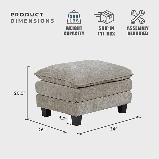 Lexicon Chenille Upholstered Rectangle Ottoman Foot Stool Black Faux Wood Feet Durable Frame Large Padded Modular Sectional Couch Add Ons for Living Room Bedroom Assembly Required Dark Pewter
