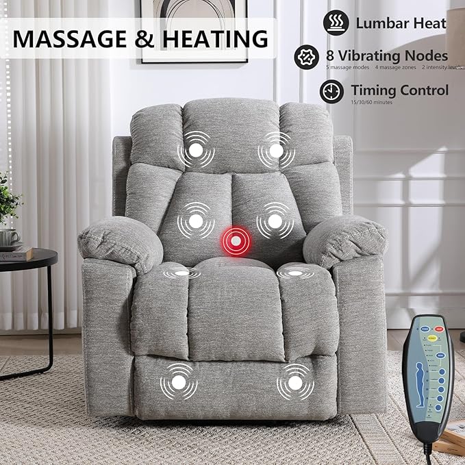 CANMOV Large Power Lift Recliner Chairs with Massage and Heat for Elderly Big People Heavy Duty Motion Reclining Mechanism-Anti Skid Fabric Recliner Chair with 2 Concealed Cup Holders Smoke Gray