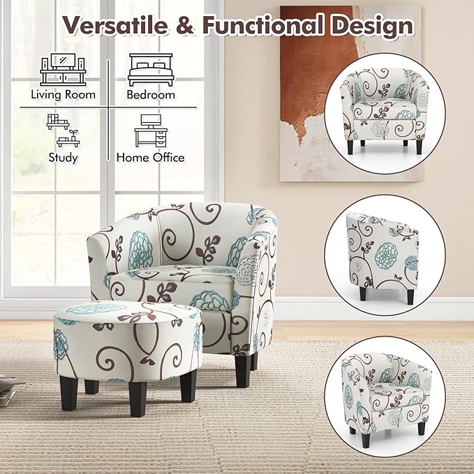 Giantex Small Accent Chair with Ottoman Set Upholstered Barrel Chair with Footrest Modern Accent Armchair with Ottoman Round Club Chair for Living Room Small Space Bedroom (Blue Flower)