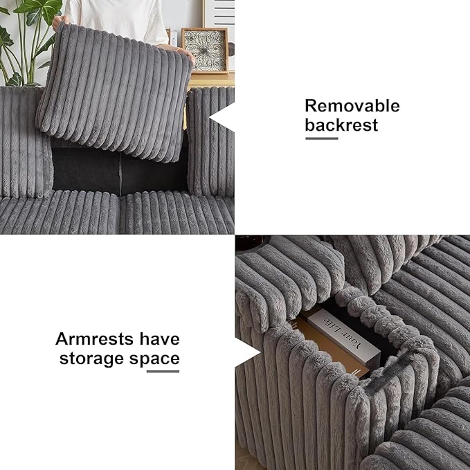 84Inch Corduroy 3-Seater Sofa with 3 Back Pillows2 toss Pillows a Ottoman2storage Spaces and Cup-Holding Grooves Comfy Sofa- Deep Seat Couch for Living RoomGrey