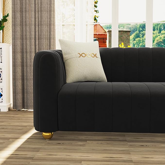 83'' Velvet Sofa for Living Room Modern Comfy Couch 3-Seater Apartment Sofa with 2 Pillows &amp Golden Metal Legs