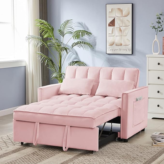3 in 1 Convertible Sleeper Sofa Couch with Pull Out Bed55 Velvet Upholstered Futon Sofa BedModern Loveseat Sleeper Chaise with Adjustable Backrest for Living Room Guest Room Apartment(Pink)