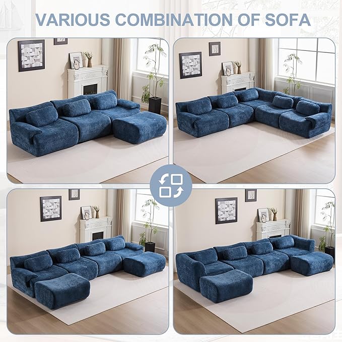 Multiple Modular Boneless Couches for Living Room Cloud Sectional Sofa with Comfy Deep Seat Oversized Single Sofa for Bedroom Apartment No Assembly 1 Module Combined Blue