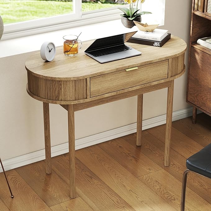SoarFlash 39 Inch Small Computer Desk with Drawer Mid-Century Modern Writing Desk with Solid Wood Legs - Compact Home Office Desk &amp Makeup Vanity for Small Space Bedroom Study Table in Brown