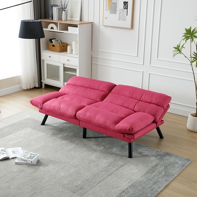 Convertible Futon Sofa Bed Linen Folding Loveseat Couch with Adjustable Backrest and Wooden LegsDouble Sleeper Sofa Couches for Small Spaces Living Rooms Apartment Office (Rose Red)