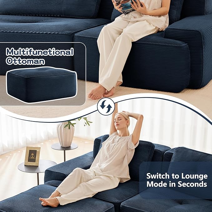 150.4'' Sectional Sofa 32D Foam Corduroy Boneless Couch with Pillow Deep Seat Wide Arm Sectional U Shaped Couch for Living Room Apartment Bedroom