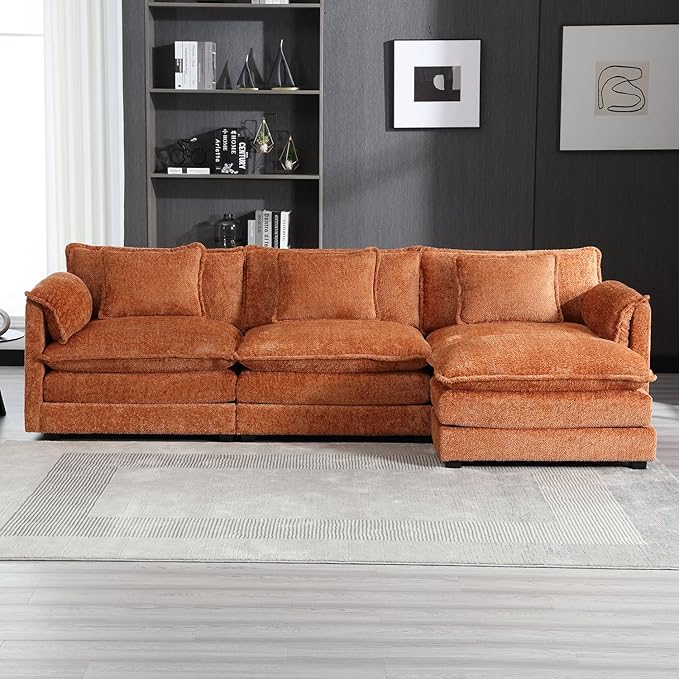 kevinplus 112'' Sectional Sofa Couch with Convertible Ottoman for Living Room Modern Contemporary 3-Seat L-Shape Sofa Couch for Apartment Home Office Thick Cushion &amp Boucle Fabric Orange