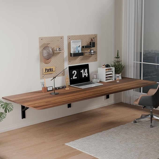 IAE 60 x 22 Floating Foldable DeskWall-Mounted Folding Computer Table with Engineered WoodStudy Table with Shelf BracketsFold Down ShelfFold Computer Desk for Small ApartmentHolds 500 lbBrown