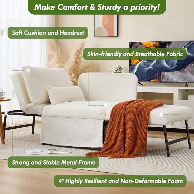Sleeper Chair Bed Upgrade 4-in-1 to 5-in-1 Convertible Multi-fuction Sofa Chair w/Adjustable Backrest Assembly-Free Linen Folding Sofa Ottoman Bed for Living Room Apartment (Wool White)