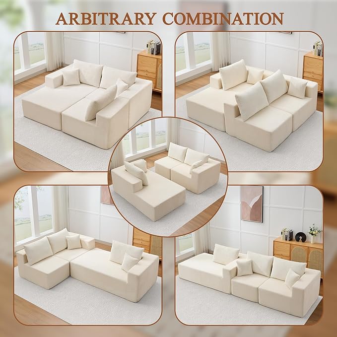 Modular Sectional Sofa for Living Room 108 Cloud Couch Sectional with L-Shape Chaise Modern Upholstered Corduroy Boneless Couch with Memory Foam Deep Seat No Assembly Required (Beige)