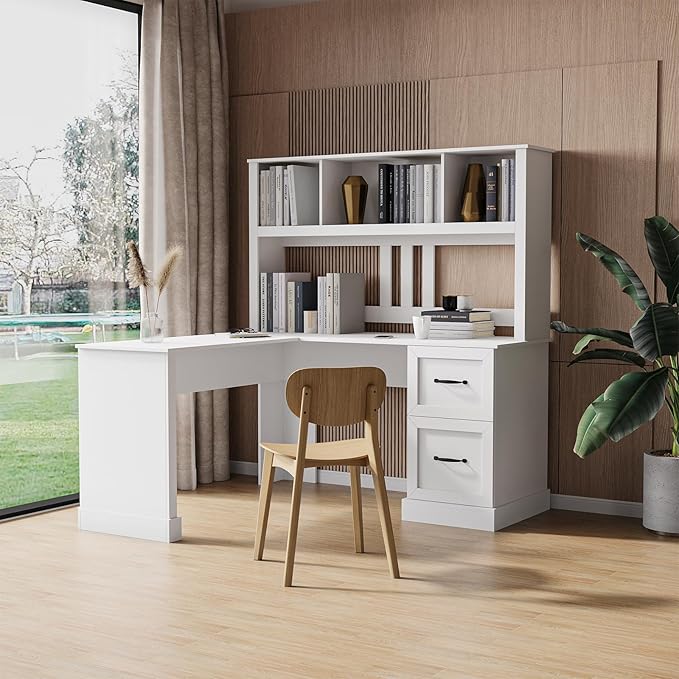 JOYSOURCE Executive L Shaped Desk Home Office Desk with File Drawer &amp Open Storage Shelves Computer Corner Desk with Hutch and Drawer Workstation for Office Home White