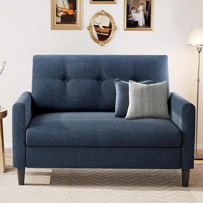 Vipbear 50 Small Loveseat Sofa Small Couch for Living Room Bedroom Office Comfy Love Seat with Deep Seat Spring Cushion Solid Wood Frame Tool-Free Assembly Navy Blue Chenille