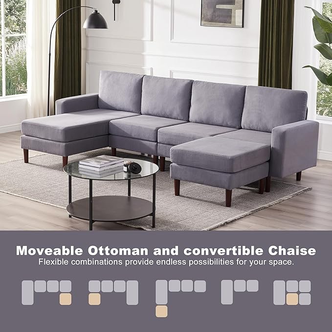 Tbfit Sectional Couch Corduroy L Shaped Sofa with Convertible Chaise &amp Ottoman Sofa Couch Solid Wood Legs for Living Room 6 Seat Grey