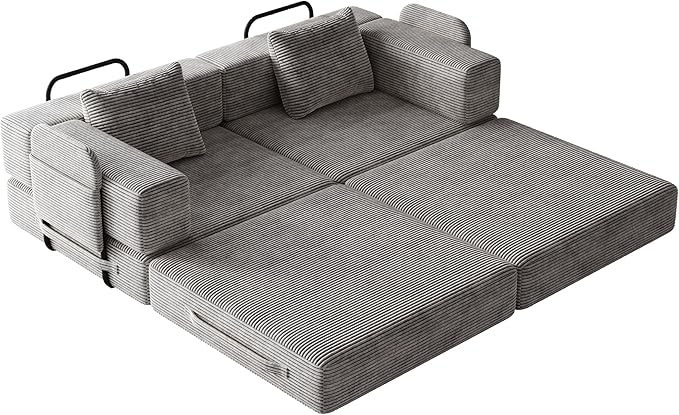 KEIKI 72.4'' Convertible Sofa Bed 2 Seat Corduroy Fabric Sofa with Two Side Storage Pockets and Two Cushions Comfortable Folding Sleeper Carpeted Couch for Living Room Bedroom and Study Grey