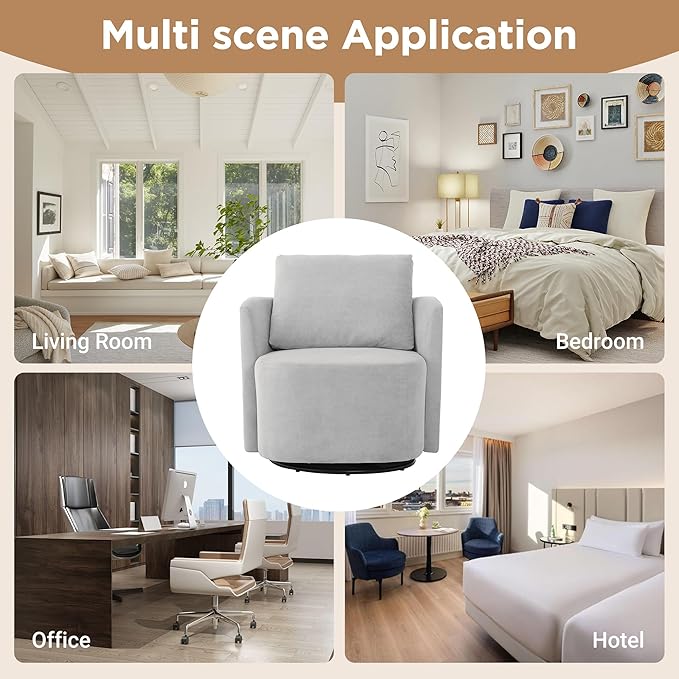 360° Swivel Chair Modern 29.9 Accent Barrel Armchair Single Sofa Armchair with Curved Design and Side Pockets Upholstered Swivel Sofa Chair for Living Room Bedroom Office and Hotel (Grey/437)