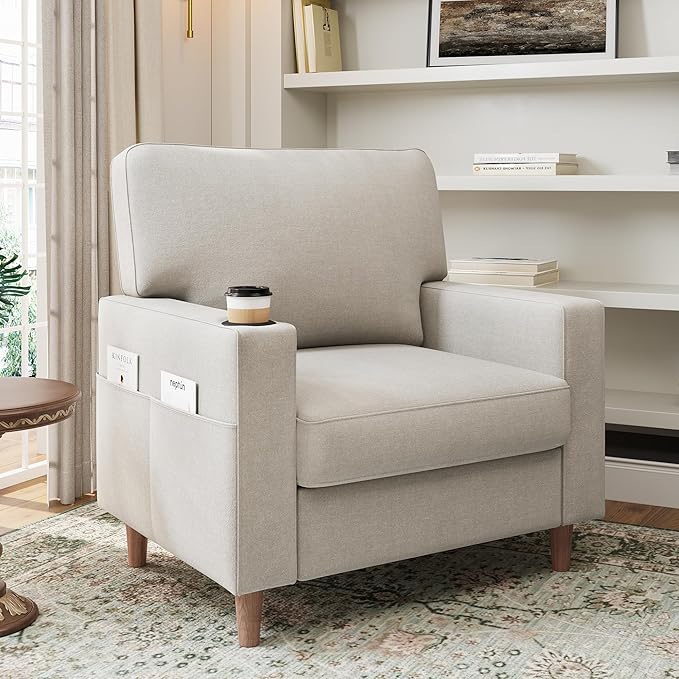 Actinidia Oversized Accent Chair with Cup HoldersMid Century Modern Upholstered Living Room ChairHigh Back Single Sofa ChairReading Armchair for Bedroom Apartment Waiting Room OfficeBeige