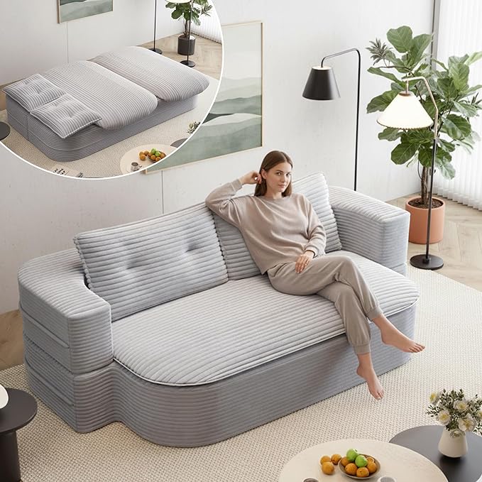 78.7'' Folding Sofa Bed Queen Sleeper Sofa 2-in-1 Convertible Corduroy Boneless Couch with Blanket Modern Futon Loveseat Couches for Living Room Guest Bed No Assembly Couch Light Grey