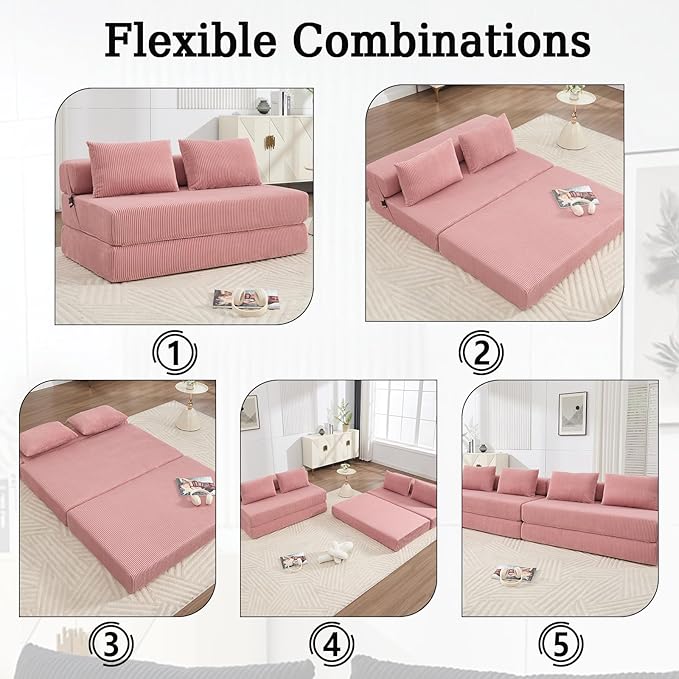 55 Convertible Folding Sofa Bed with 2 Pillows Corduroy Foldable Sleeper Sofa for Adult Floor Couch Bed for Living Room Bedroom No Assembly (Pink)