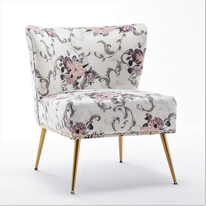 Thia Armless Accent Chair for Living Room Elegant Seat with Nailhead Trim Gold Metal Legs and Comfortable Curved Back 28 D x 25 W x 29.5 H 02 Floral Print