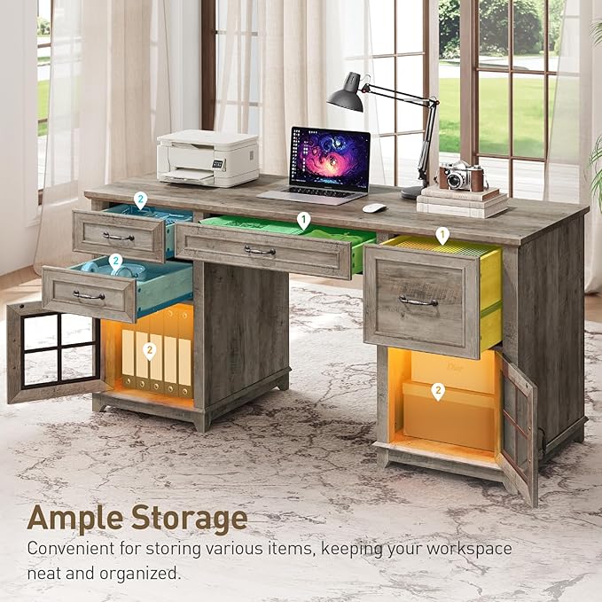 58 Farmhouse Executive Desk with Drawers LED Light Computer Desk with Drawers and File Cabinet Wooden Home Office Desk with Charging Station Workspace for Writing Greige