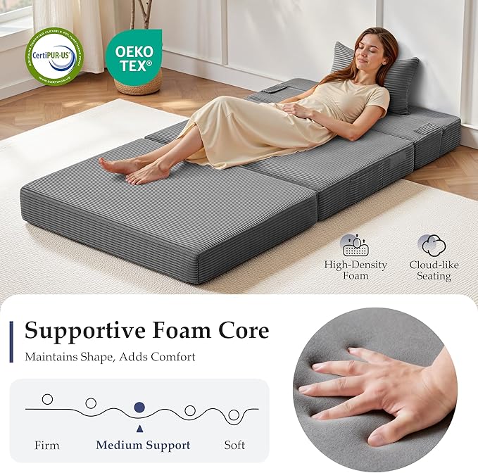 Youzi Folding Sofa Bed Convertible Sleeper Chair with Pillow 4-in-1 Foldable Mattress Futon Couch Bed to Lounge Chair for Living Room Bedroom Dorm &amp Guest Washable Cover Dark Gray Single