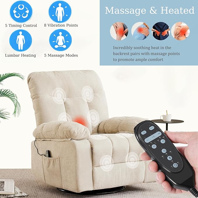 Rocker Swivel Recliner Chair for Adults Single Reclining Sofa Chair with Heated and Full Body Massage Lounge Recliner Glider for Small Living Room Bedroom Beige