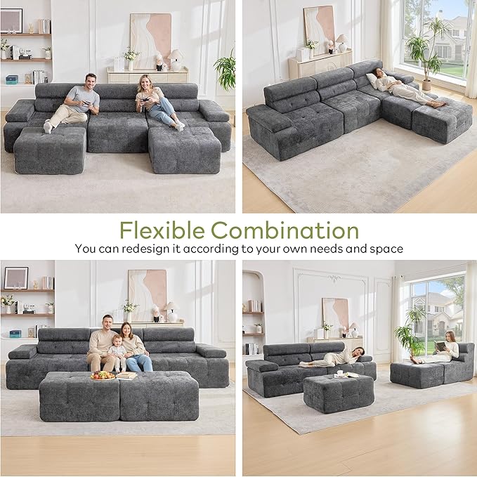 STHOUYN 134 Boneless Couch with Ottoman &amp Higher Backrest Modular Sectional Sofa for Living Room Corner Cloud U Shaped Couch (Grey 134 Inches)