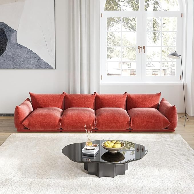 JACH Mid-Century Modern Large 4 Seater Couch Chenille Sectional Sofa 4 Seats Modular Couches with Thick Cushion 130 Plush Sofas Furniture for Living Room Bedroom Office Apartment Red