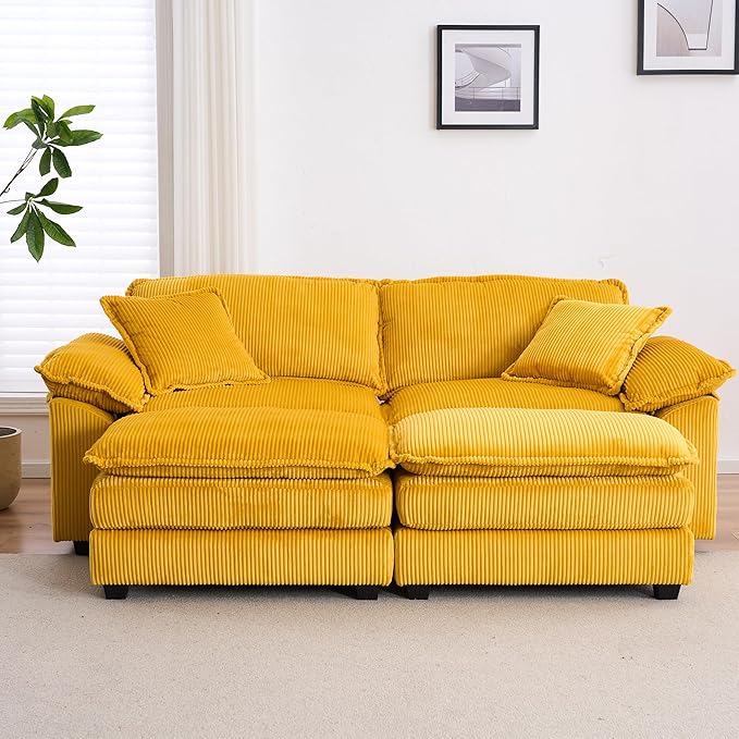 Modular Sectional Sofa 84'' Comfy Corduroy Double Layer Upholstered Cloud Couch Loveseat Sleeper Sofa with Moveable Ottoman 2 Pillows and Detachable Armrest for Living Room Yellow