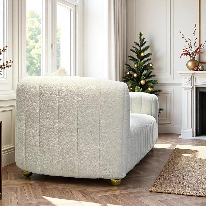 Modern Lambswool Loveseat Sofa Couch for Living Room 84 Comfy Upholstered 3 Seater Sofa Couch with Gold Metal Legs &amp 2 Pillows Luxury Sectional Sofa for Bedroom Office Apartment Creamy-White