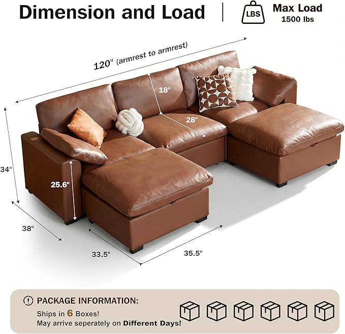 WEUP 120 Oversized Cloud Modular Sectional Sofa for Living Room 3 Seat U Shaped Cloud Couch with Storage Ottoman Premium Faux Leather Sofa Down-Filled Wide Deep Seat Tool Free Assembly Brown