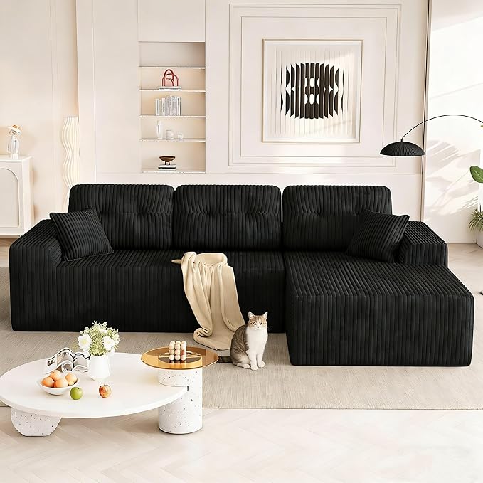 Ball &amp Cast 106'' Convertible Sectional Sofa for Living RoomModern Modular L-Shaped CouchBoneless Comfy Corduroy Fluffy Couch with Deep SeatHight Weight CapacityRight Facing Chaise (Black)