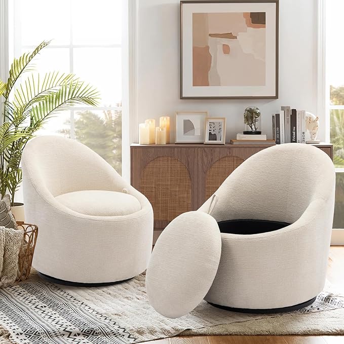 COLAMY 360° Swivel Accent Chair Swivel Barrel Armchair with Hidden Storage Modern Small Round Chair for Living Room/Bedroom Beige