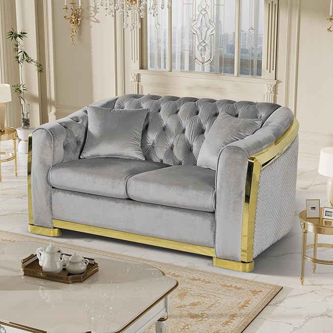 Luxury Velvet Chesterfield Sofa for Living Room 62.2 Comfy Mid Century Modern Victorian Curved Loveseat Couch Deep Seat Couches Tufted Sofas with Gold Legs for Apartment Grey