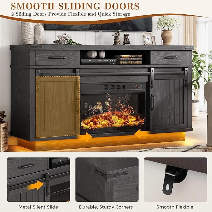 Fireplace TV Stand for TVs up to 65 Electric Fireplace with 3D Flame Farmhouse LED Light Entertainment Center TV Console with with 2 Drawers Sliding Barn Door for Living Room - Black