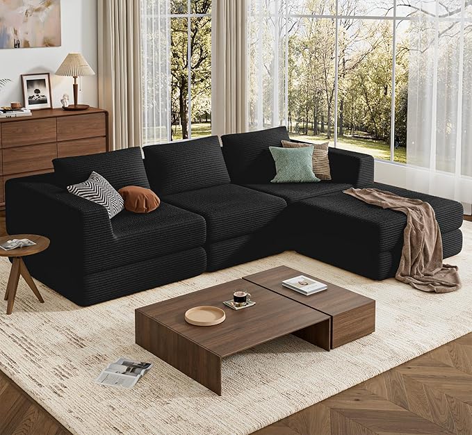 L-Shaped Corduroy Modular Sectional Couch Modern Floor Couch Sofa for Apartment Living Room Convertible Sleeper Sofa Bed with 3 Pillows No Assembly Required Black