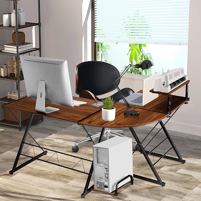 Tangkula L-Shaped Computer Desk 58 Inches Corner Computer Desk with Movable Shelf &amp CPU Stand Space Saving Computer Workstation Home Office Desk (Brown)