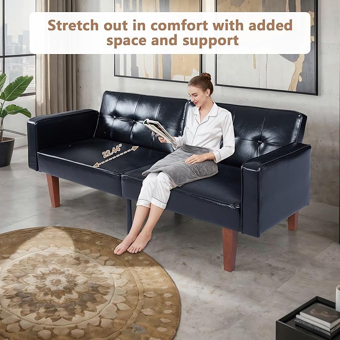 Faux Leather Adjustable Sofa Two-Seater Sofa with Wooden Legs Foldable Sofa Bed mid-Century Style Lounge Sofa Suitable for Apartments Living Room Bedroom Study Office Lounge black (black)