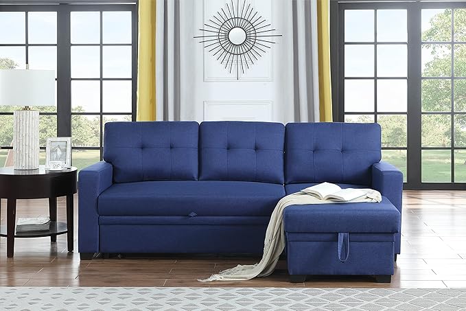 82 Convertible Sectional Sleeper Sofa with Storage Chaise L Shaped Pull Out Couch Bed with 3 Tufted Back Cushion for Living Room ApartmentOfficeBlue