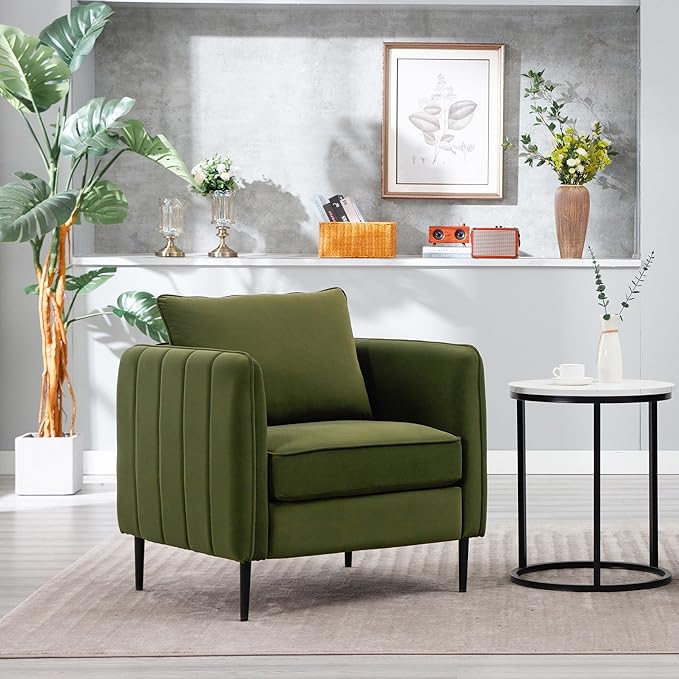 KEIKI Cloud Chair for Living Room Velvet Single Sofa Chair with 1 Pillow Comfy Accent Chair for Bedroom Office and Reading Metal Legs Soft Modern Design Green