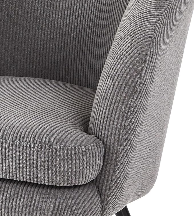 Modern Corduroy Accent Chair with Channel Back Design Black Metal Legs and Soft Upholstery Comfortable Seating for Living Room Bedroom or Office Grey