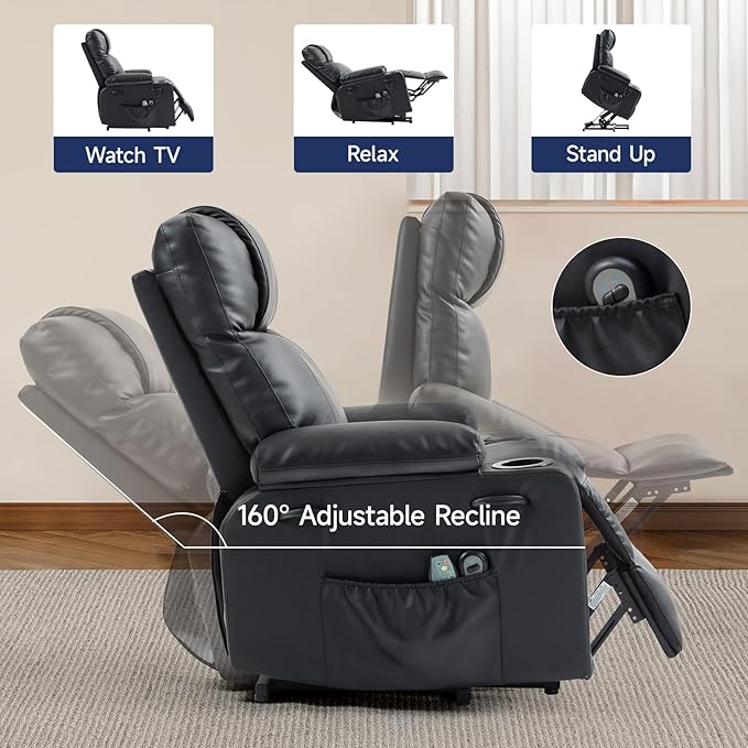 Power Lift Recliner Chair for Elderly with Massage &amp Heat 160° Adjustable PU Leather Electric Recliner with Remote Cup Holders Side Pockets and Stand Assist for Living Room Bedroom (Black)