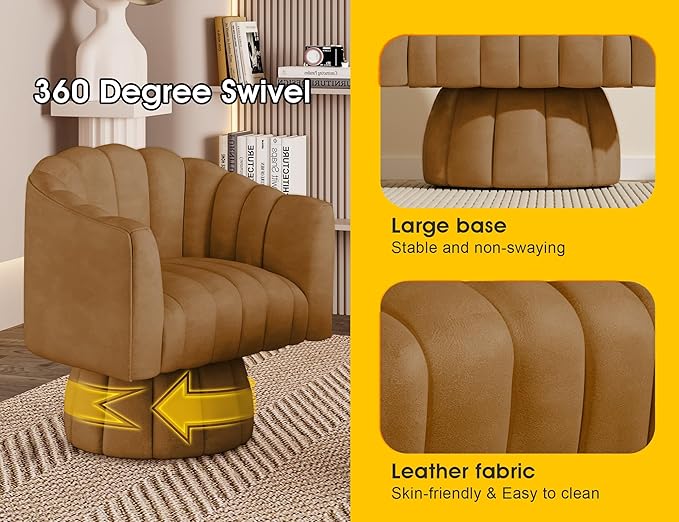Modern 360 Degree Leather Swivel Cuddle Barrel Accent Sofa Chairs Round Armchairs with Wide Upholstered Leather Reading Chair for Living Room Bedroom Office Waiting Rooms (Brown)