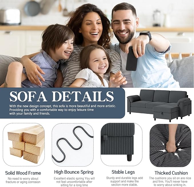 Meilocar Sectional Couches for Living Room L Shaped Couch with Side Storage Pockage Comfortable 3 Seat Sofa Couches for Apartment Grey