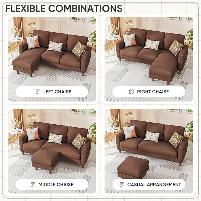 Homall Convertible Sectional Sofa 3 Seat L Shaped Couch with Side Storage Pocket Sofas with Movable Ottoman Small Linen Couches for Living Room &amp Apartment (Linen Fabric Brown)