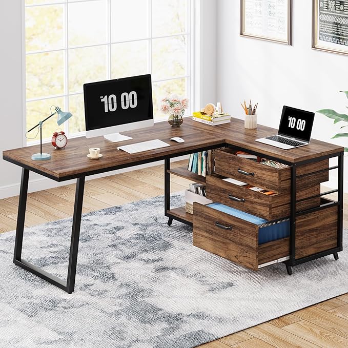 Tribesigns L-Shaped Computer Desk with 3 Drawers Reversible Corner Home Office Desk with Shelves 53-Inch Industrial PC Desk Study Writing Table Workstation for Small Space Rustic Brown