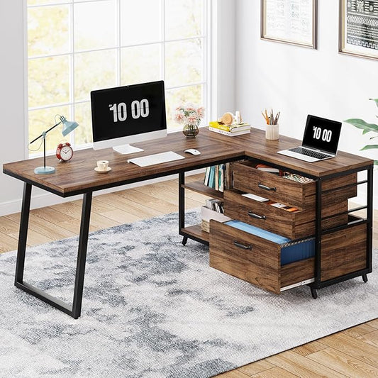 Tribesigns L-Shaped Computer Desk with 3 Drawers Reversible Corner Home Office Desk with Shelves 53-Inch Industrial PC Desk Study Writing Table Workstation for Small Space Rustic Brown