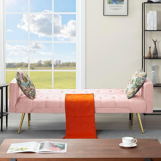 68.5” Futon Sofa Bed Convertible Futon Couch with Adjustable BackrestFolding Sofa Bed with 2 Pillows &amp Metal Legs Sleeper Loveseat with Armrest for Home Office (Pink)